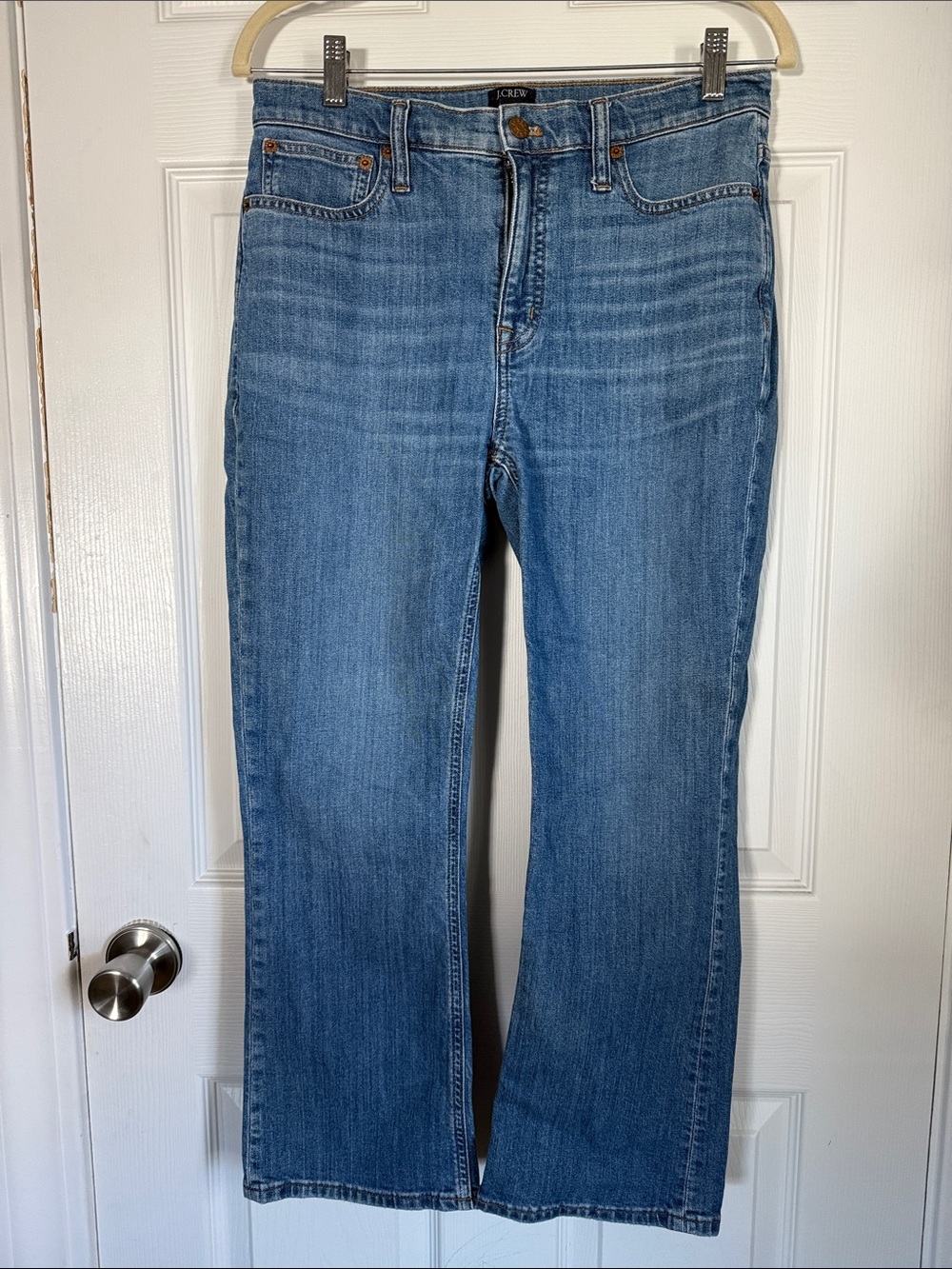 J. Crew Women’s mid rise flare cropped Jeans in Medium Blue Wash